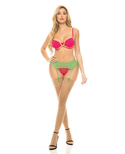 Pink Lipstick Come to Me Bra, Garter Belt & G-String Neon S/M Rene Rofe