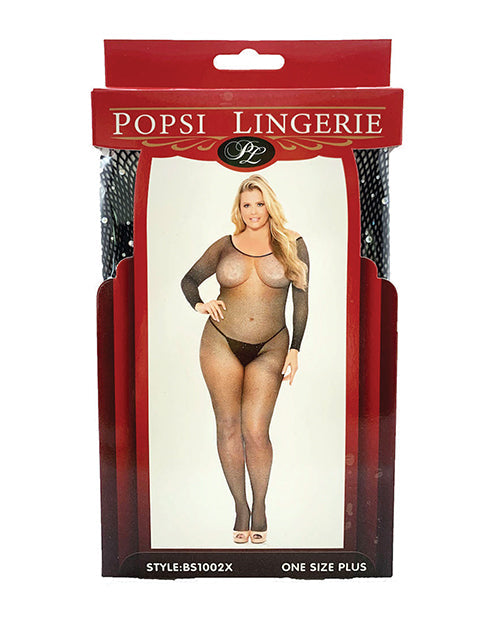 Rhinestone Fishnet Full Sleeved Bodystocking Black QN Popsi Lingerie