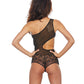 Floral Lace & Mesh One Shoulder Teddy Black O/S Popsi Lingerie