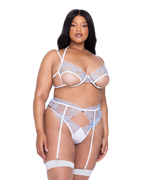 Holiday Snow Queen Metallic Snowflake Embroidered Bra & High Waisted Thong Blue/White 1X Roma Costume INC