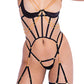 Caged Temptress Satin & Tulle Bustier w/Draped Chain Detail & Thong Black MD Roma Costume INC
