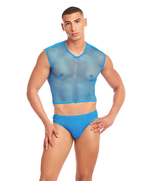 Rainbow Party Net-Flex Large Mesh 3 pc Set w/Thong - Blue L/XL Rene Rofe