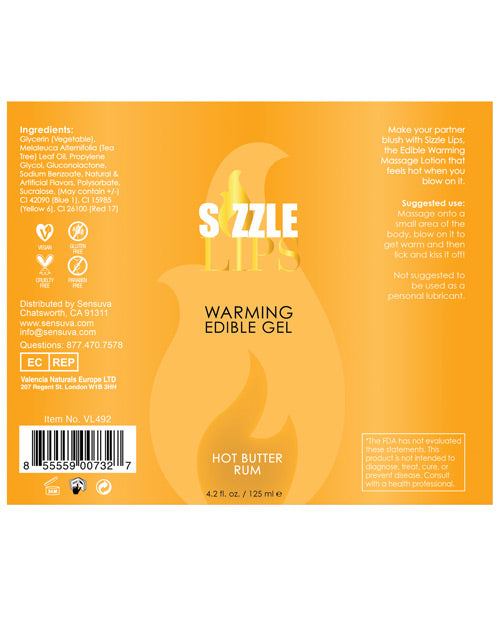 Sizzle Lips Warming Gel - 4.2 oz Bottle Butter Rum Sensuva Valencia Naturals
