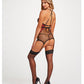 Floral Embroidered Lace Chemise w/Adjustable Garters & Thong Black/Red XL