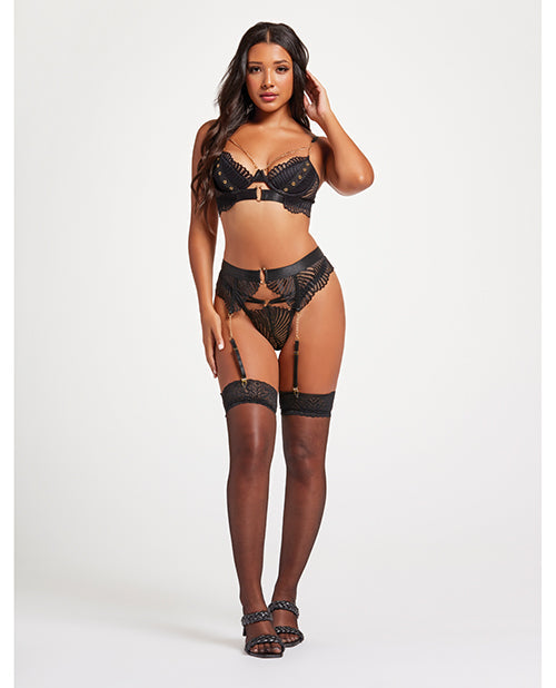 Scalloped Lace Bra w/Gold Chain, Garter Belt & Thong Black LG Seven 'til Midnight Costume