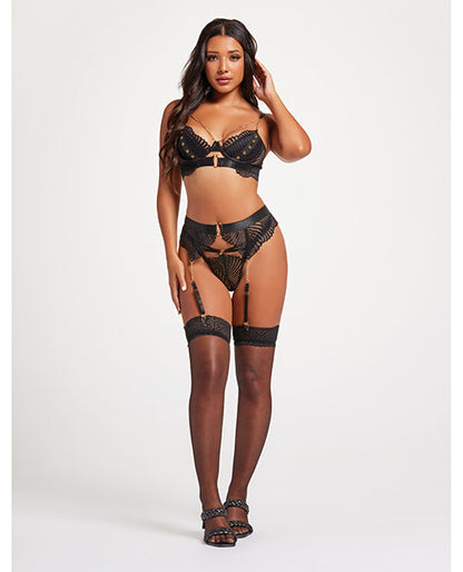 Scalloped Lace Bra w/Gold Chain, Garter Belt & Thong Black MD Seven 'til Midnight Costume
