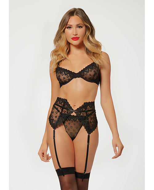 Valentines Heart Embroidered Mesh Bra, Waspie & Panty Black XL Seven 'til Midnight Costume