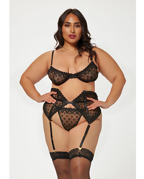 Valentines Heart Embroidered Mesh Bra, Waspie & Panty Black 3X/4X Seven 'til Midnight Costume