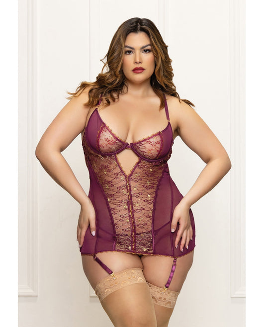 Metallic Lace with Mesh Gartered Chemise & Thong - Plum 1X/2X Seven 'til Midnight Costume
