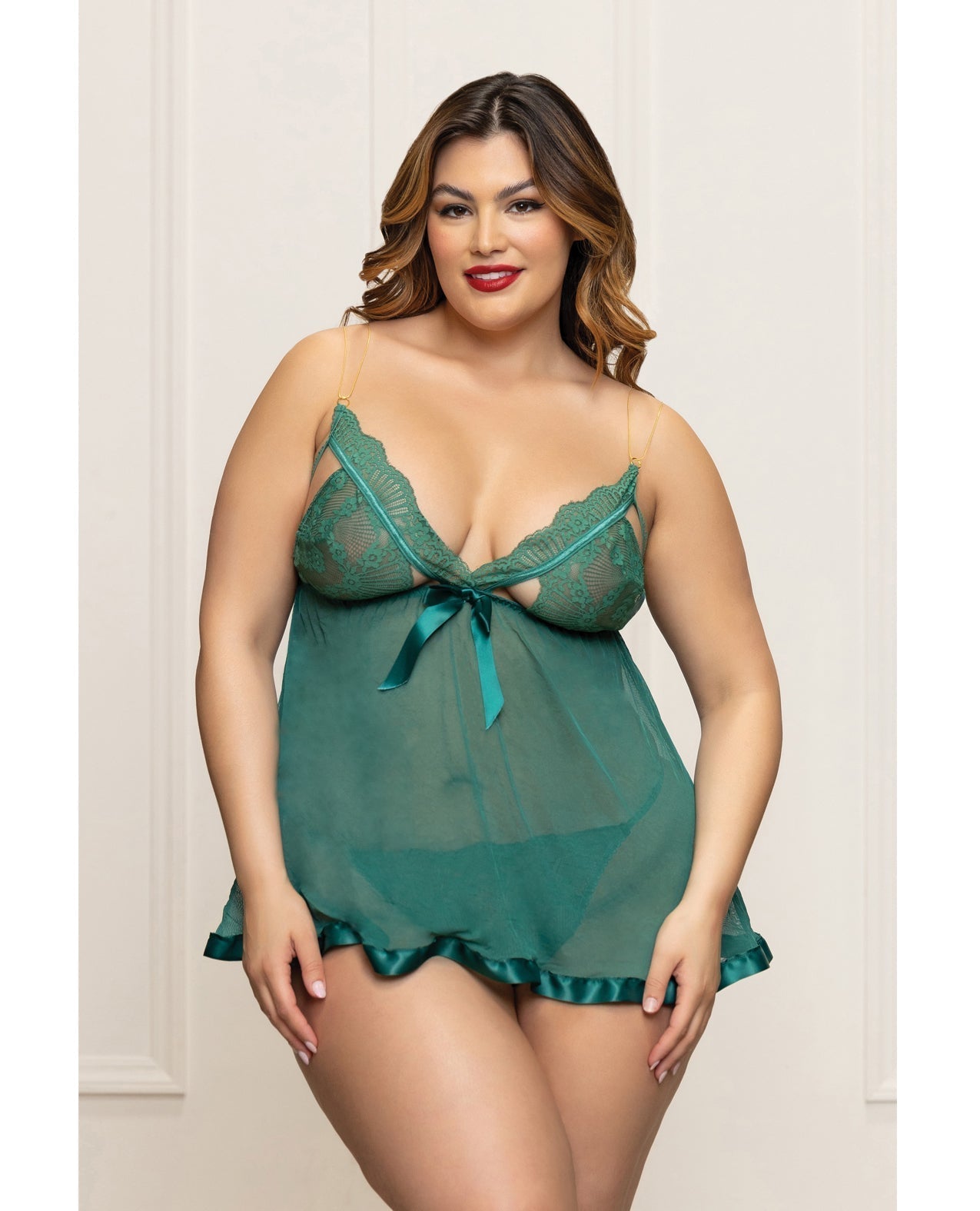 Lace and Mesh Babydoll w/Gold Straps & Thong - Green 1X/2X Seven 'til Midnight Costume