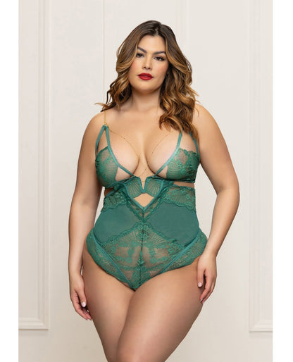 Lace and Mesh Open Crotch Teddy w/Gold Straps - Green 1X/2X Seven 'til Midnight Costume