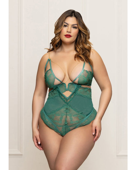 Lace and Mesh Open Crotch Teddy w/Gold Straps - Green 1X/2X Seven 'til Midnight Costume