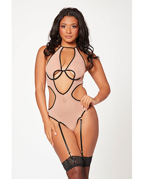 Mesh Cut Out Halter Teddy Nude/Black O/S Seven 'til Midnight Costume