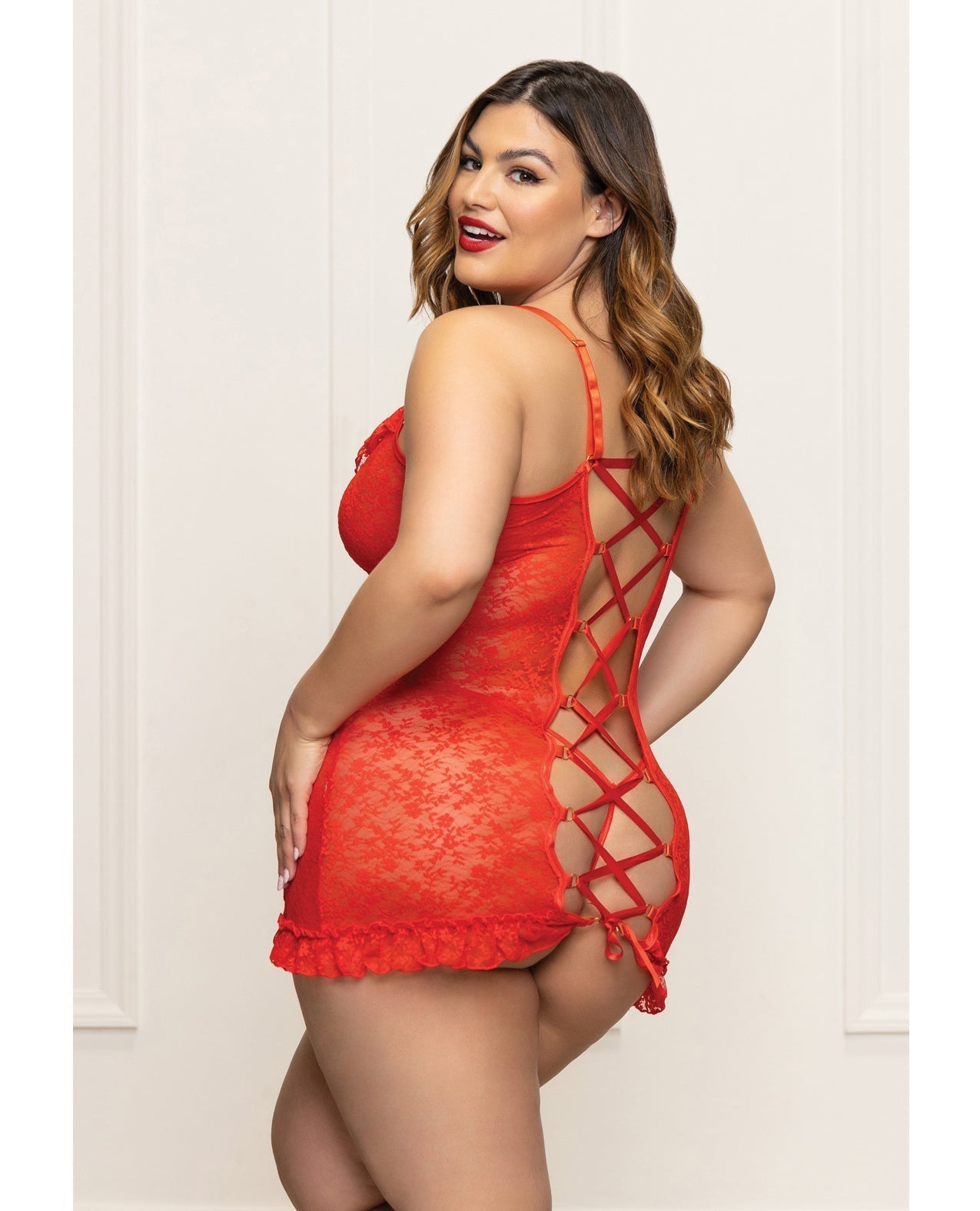 Lace Chemise w/Ruffle Trim & G-String - Red QN Seven 'til Midnight Costume