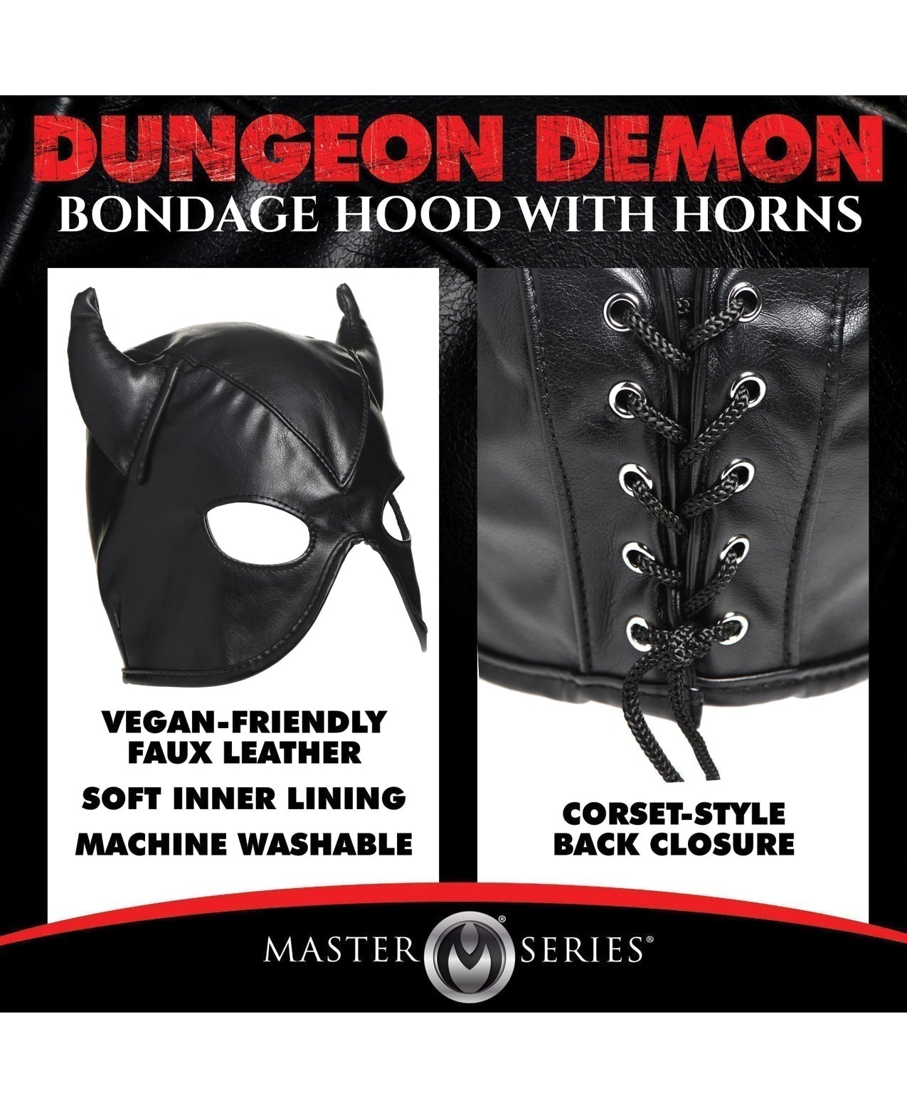 Master Series Dungeon Demon Bondage Hood w/Horns - Black Xr LLC